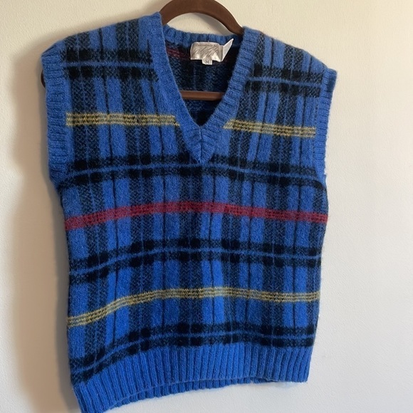 Retro Academia Wool Plaid Sweater Vest Vtg Lord & Taylor Blue Grandpa Eclectic - Picture 2 of 16